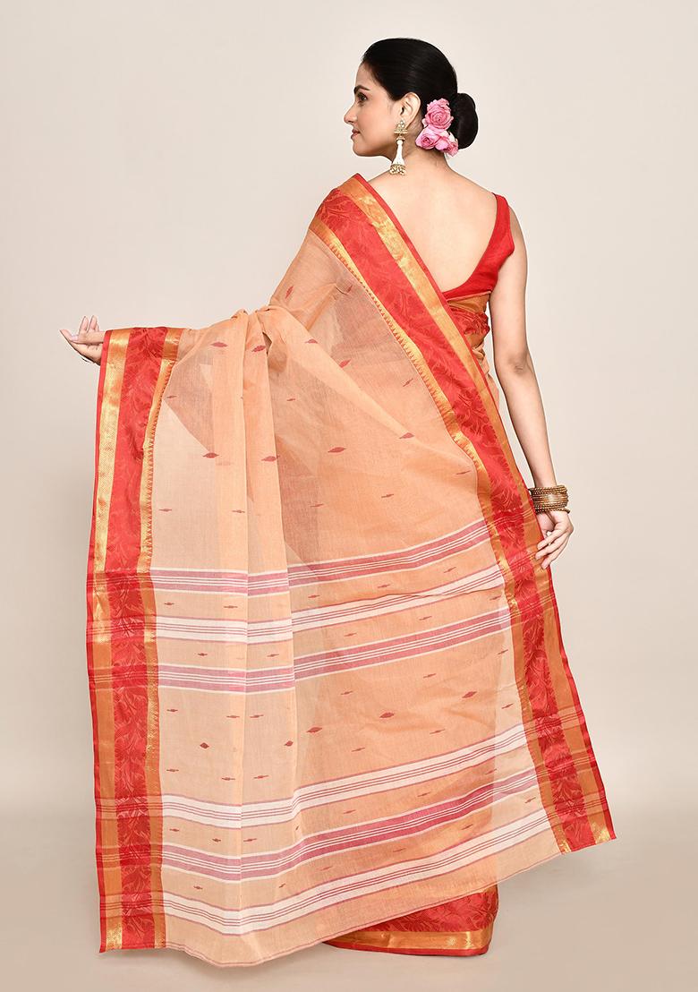Beige Buti Work Cotton Saree (Without Blouse)