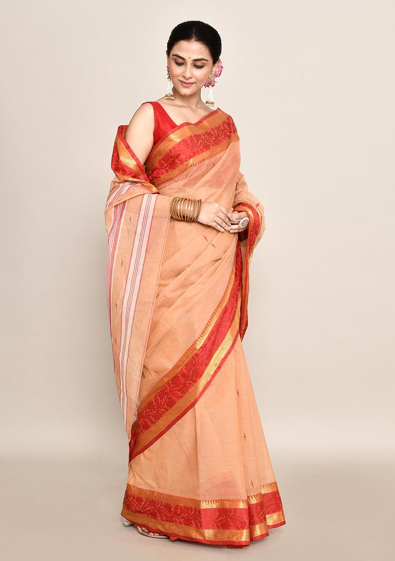 Beige Buti Work Cotton Saree (Without Blouse)
