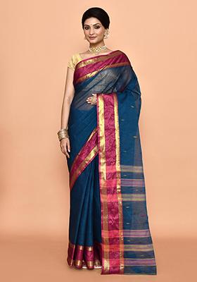 Blue Buti Work Cotton Saree (Without Blouse)