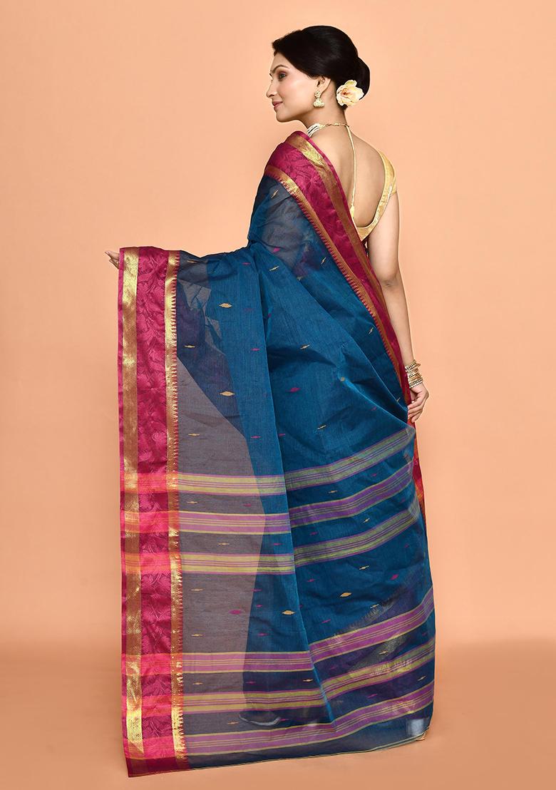 Blue Buti Work Cotton Saree (Without Blouse)