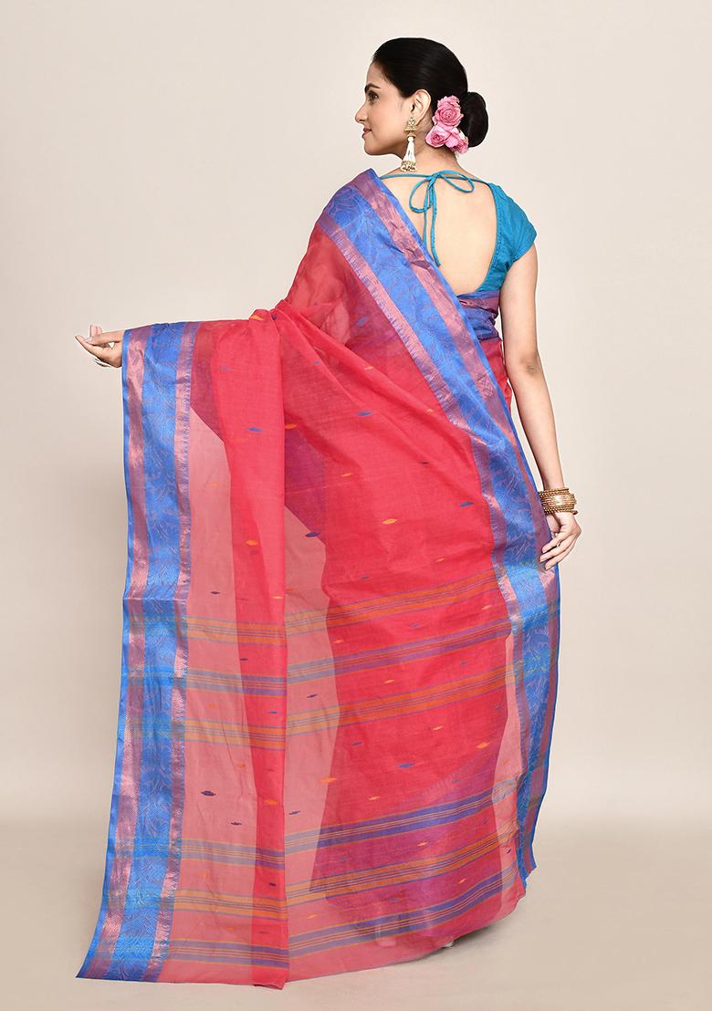 Coral Pink Buti Work Cotton Saree (Without Blouse)