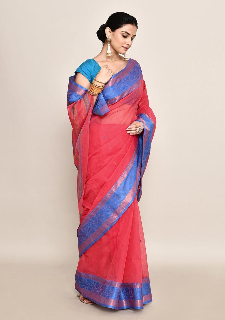 Coral Pink Buti Work Cotton Saree (Without Blouse)