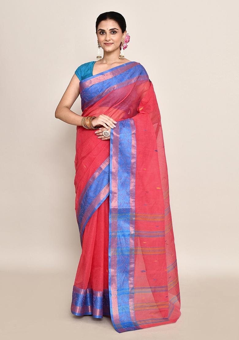 Coral Pink Buti Work Cotton Saree (Without Blouse)