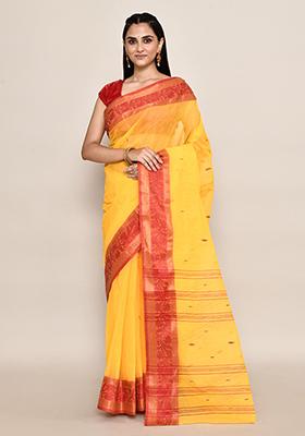 Yellow Buti Work Cotton Saree (Without Blouse)