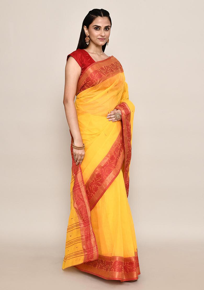 Yellow Buti Work Cotton Saree (Without Blouse)