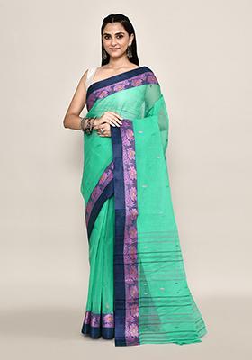 Sea Green Buti Work Cotton Saree (Without Blouse)