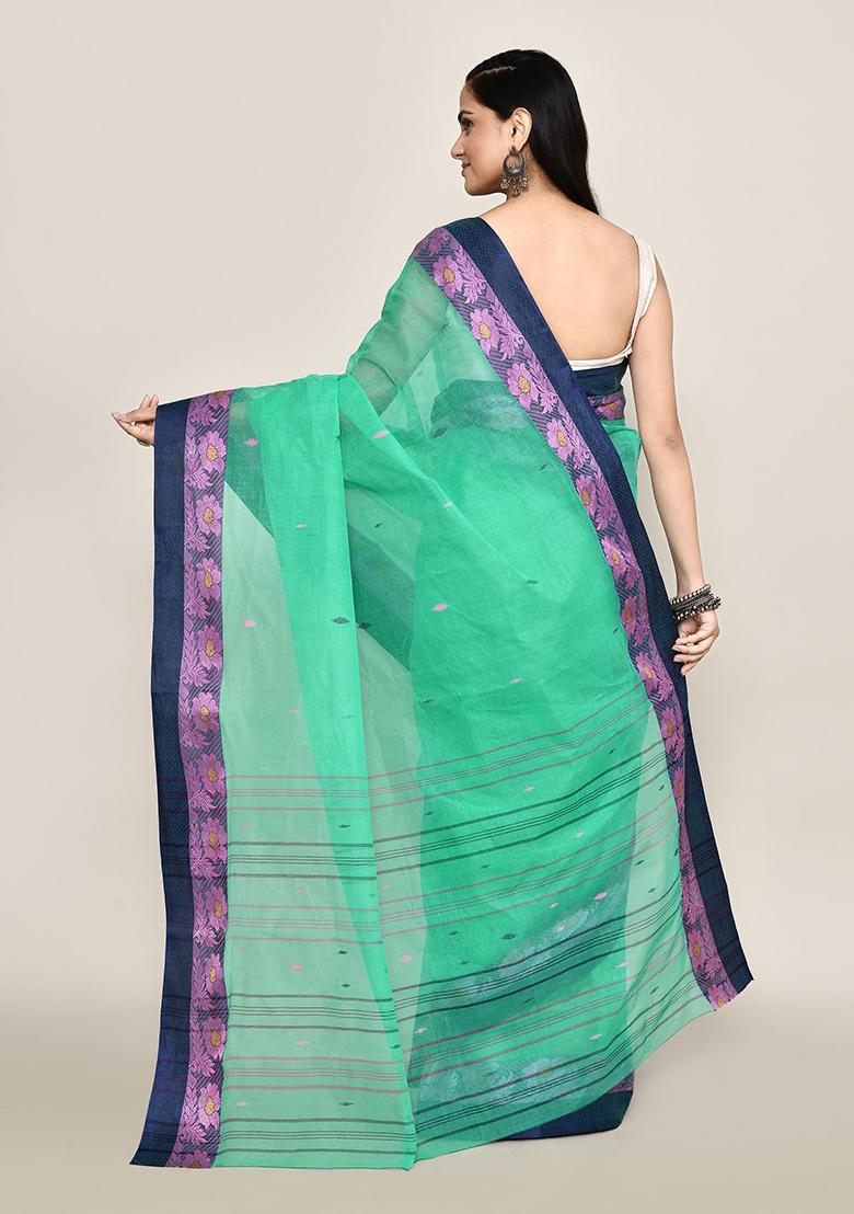 Sea Green Buti Work Cotton Saree (Without Blouse)