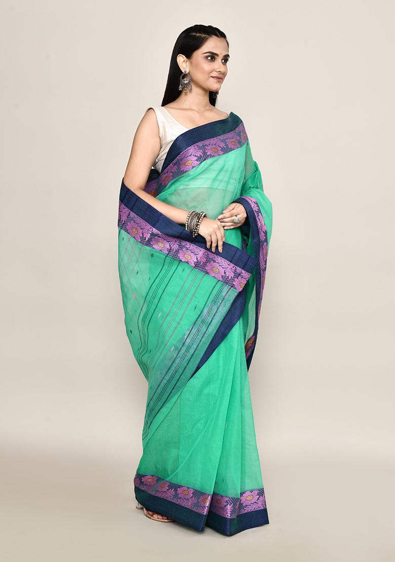 Sea Green Buti Work Cotton Saree (Without Blouse)
