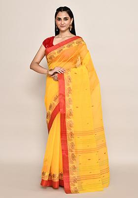 Yellow Buti Work Cotton Saree (Without Blouse)