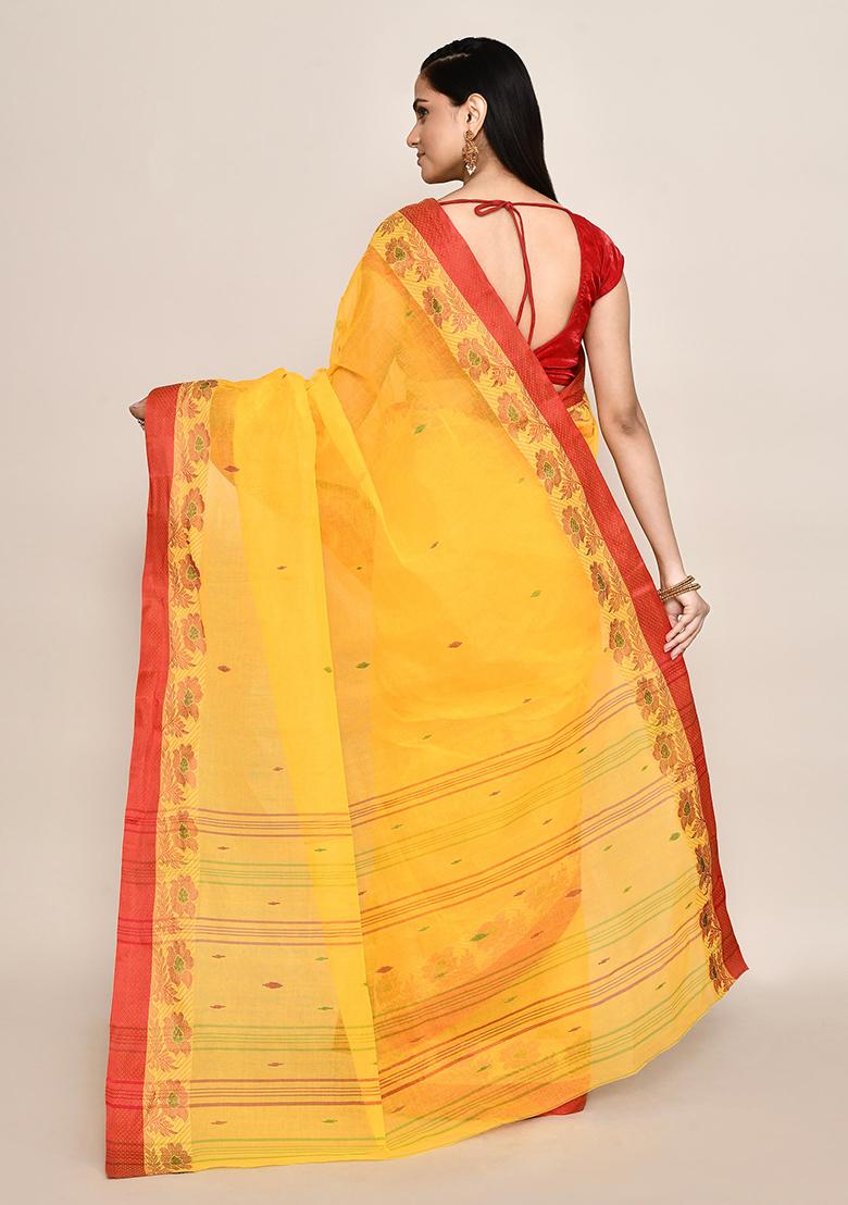 Yellow Buti Work Cotton Saree (Without Blouse)