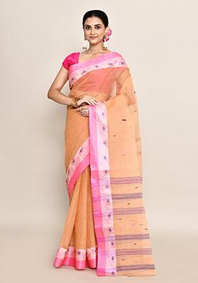 Beige Buti Work Cotton Saree (Without Blouse)