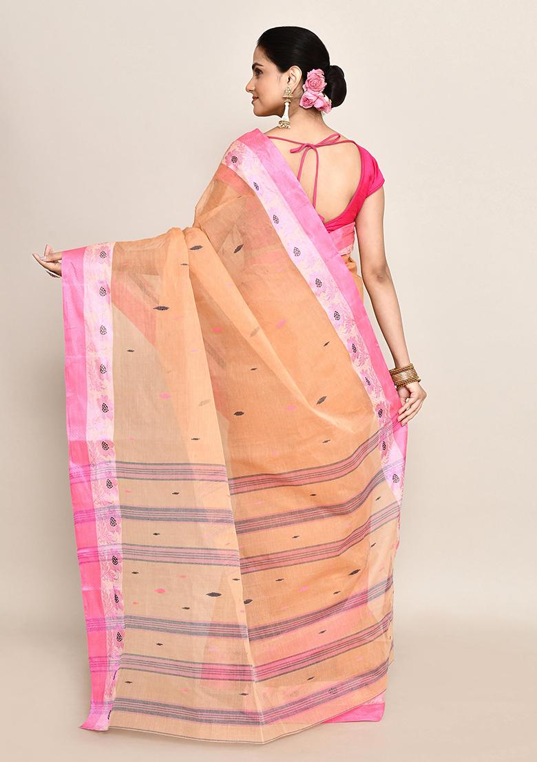 Beige Buti Work Cotton Saree (Without Blouse)