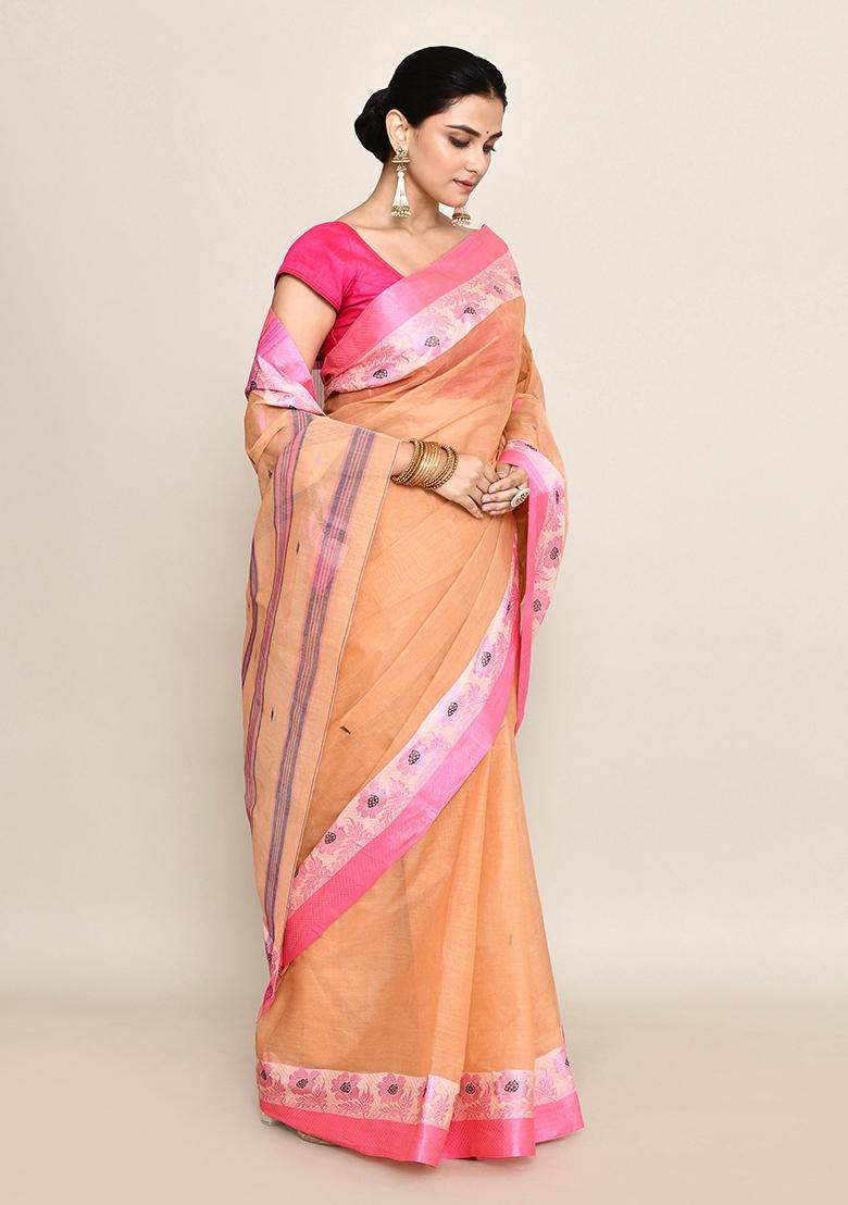 Beige Buti Work Cotton Saree (Without Blouse)