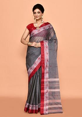 Grey Buti Work Cotton Saree (Without Blouse)