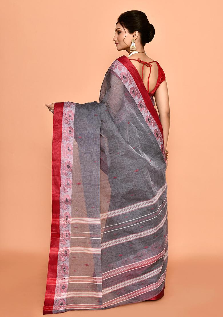 Grey Buti Work Cotton Saree (Without Blouse)