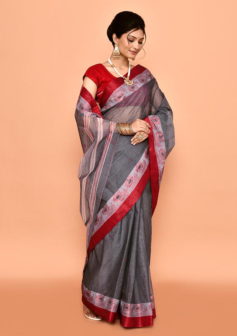 Grey Buti Work Cotton Saree (Without Blouse)