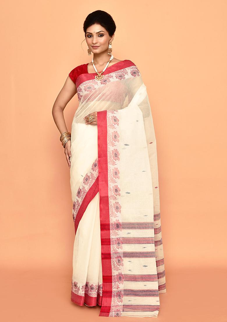 Off White Buti Work Cotton Saree (Without Blouse)