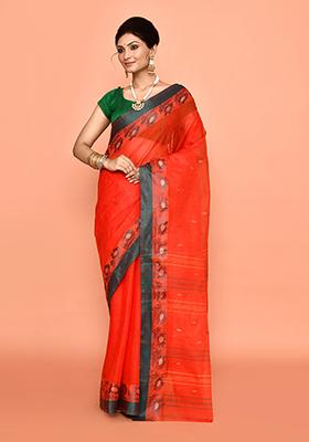 Orange Buti Work Cotton Saree (Without Blouse)
