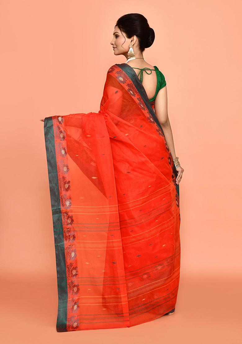 Orange Buti Work Cotton Saree (Without Blouse)
