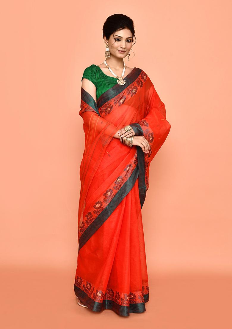 Orange Buti Work Cotton Saree (Without Blouse)