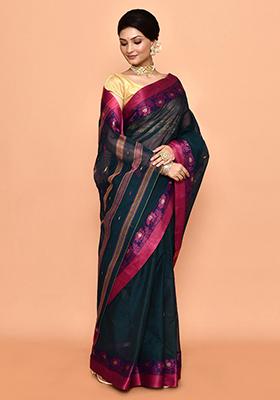 Navy Blue Buti Work Cotton Saree (Without Blouse)