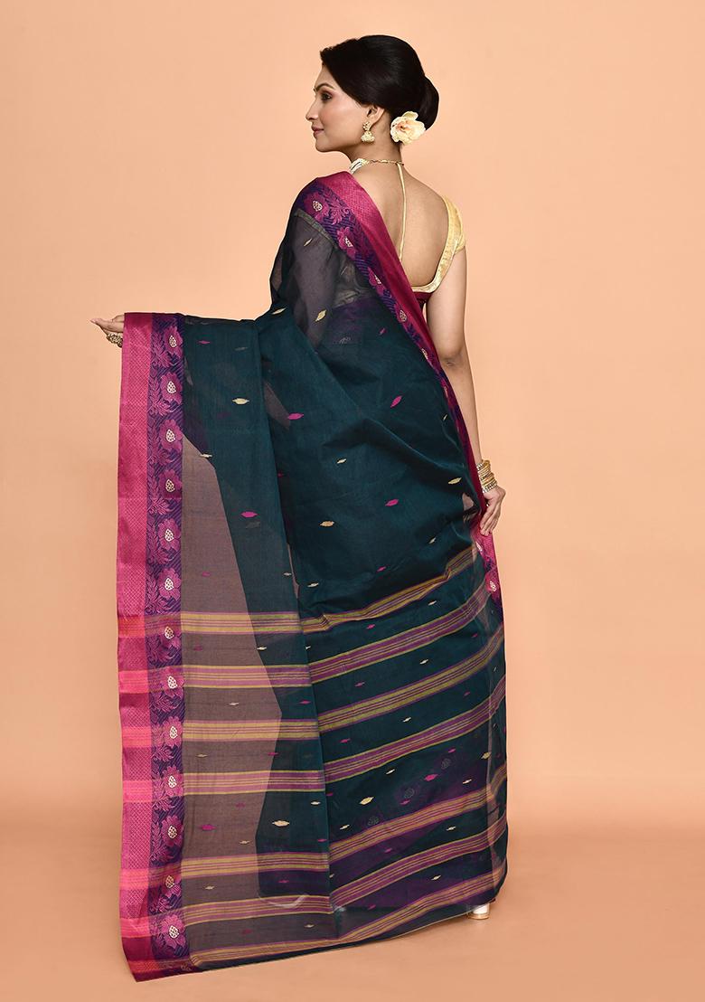 Navy Blue Buti Work Cotton Saree (Without Blouse)