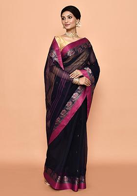 Blue Buti Work Cotton Saree (Without Blouse)