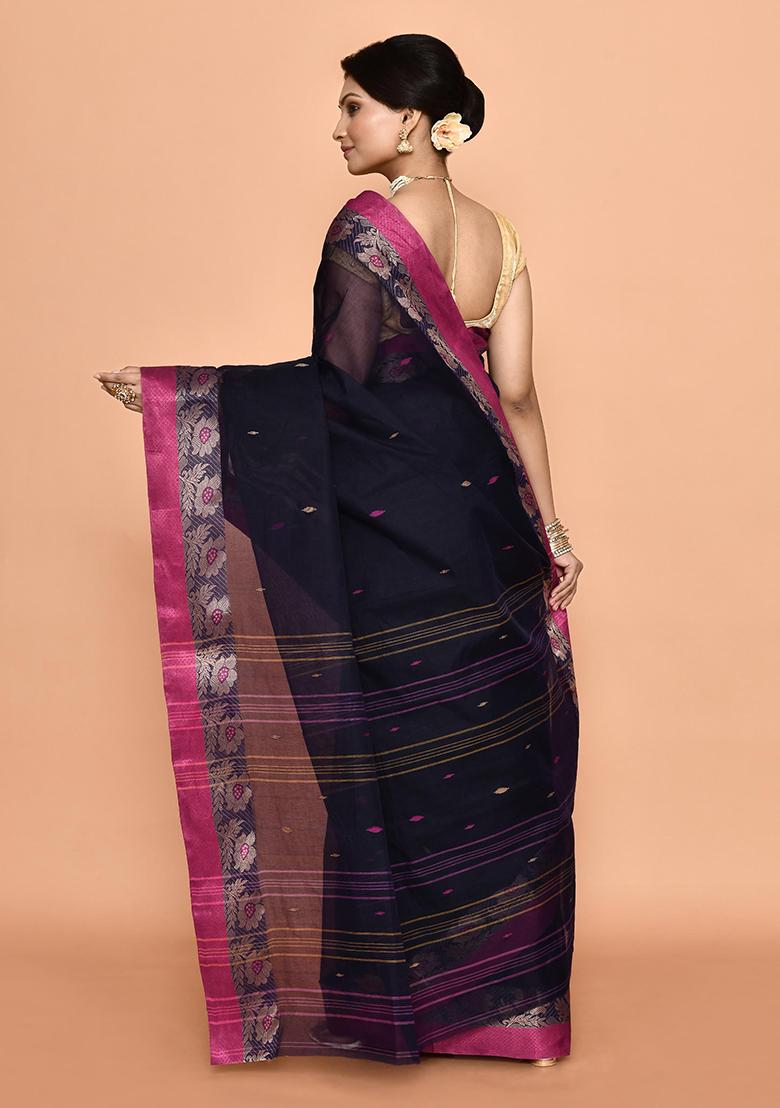 Blue Buti Work Cotton Saree (Without Blouse)