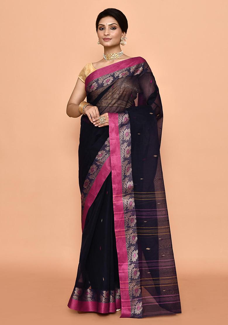 Blue Buti Work Cotton Saree (Without Blouse)