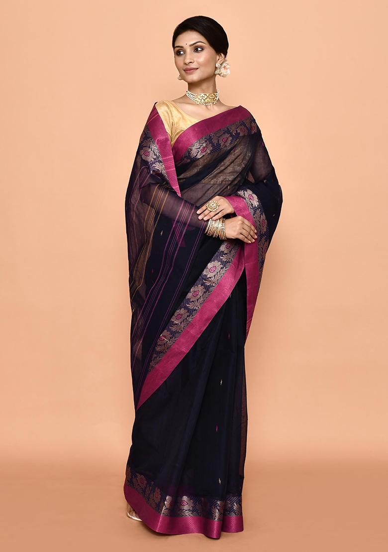 Blue Buti Work Cotton Saree (Without Blouse)
