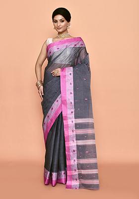 Grey Buti Work Cotton Saree (Without Blouse)