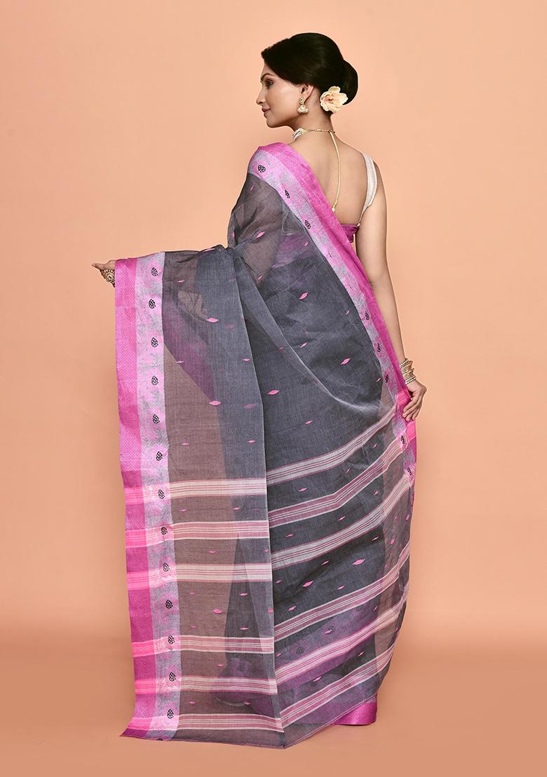 Grey Buti Work Cotton Saree (Without Blouse)