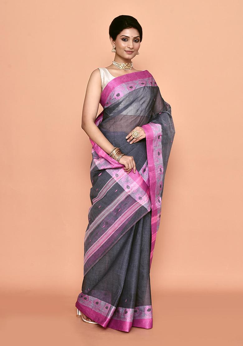 Grey Buti Work Cotton Saree (Without Blouse)