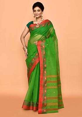 Green Buti Work Cotton Saree (Without Blouse)