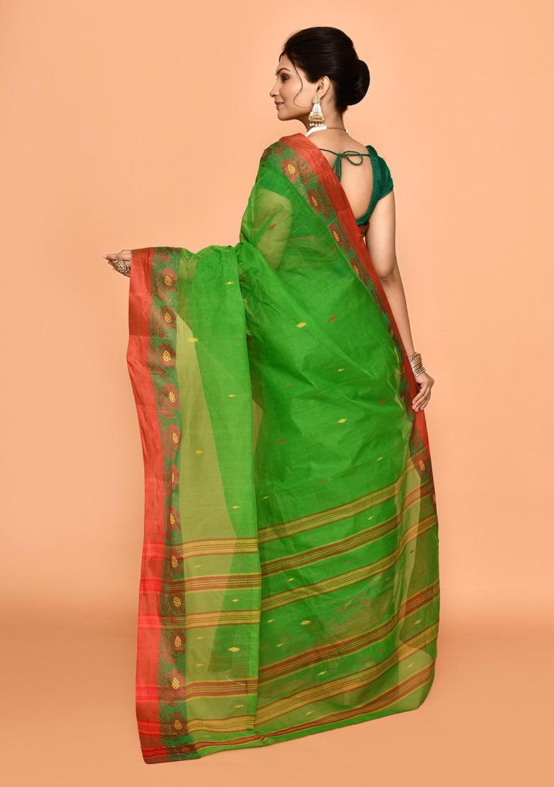 Green Buti Work Cotton Saree (Without Blouse)