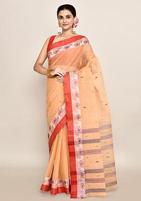Beige Buti Work Cotton Saree (Without Blouse)