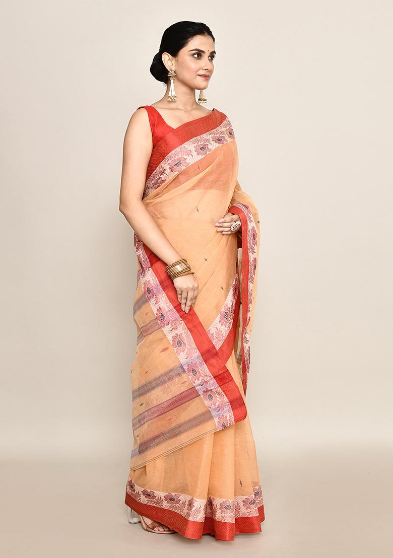 Beige Buti Work Cotton Saree (Without Blouse)