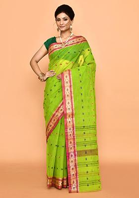 Green Buti Work Cotton Saree (Without Blouse)