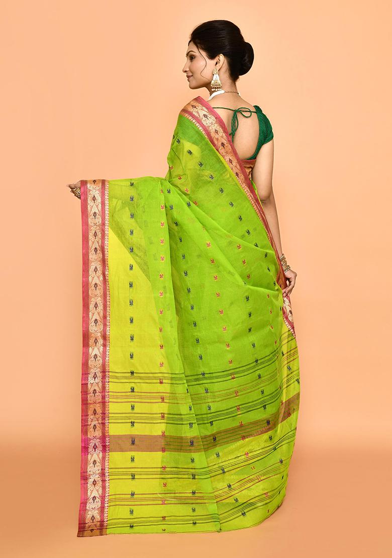 Green Buti Work Cotton Saree (Without Blouse)
