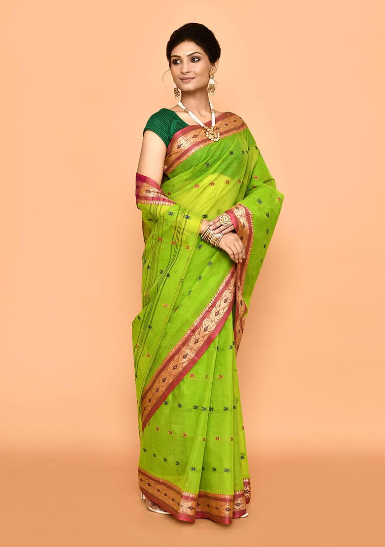Green Buti Work Cotton Saree (Without Blouse)