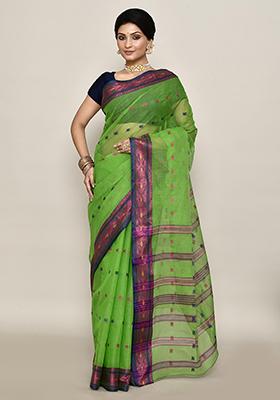 Green Buti Work Cotton Saree (Without Blouse)
