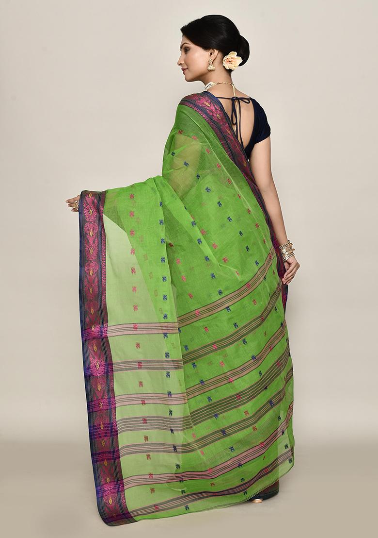 Green Buti Work Cotton Saree (Without Blouse)