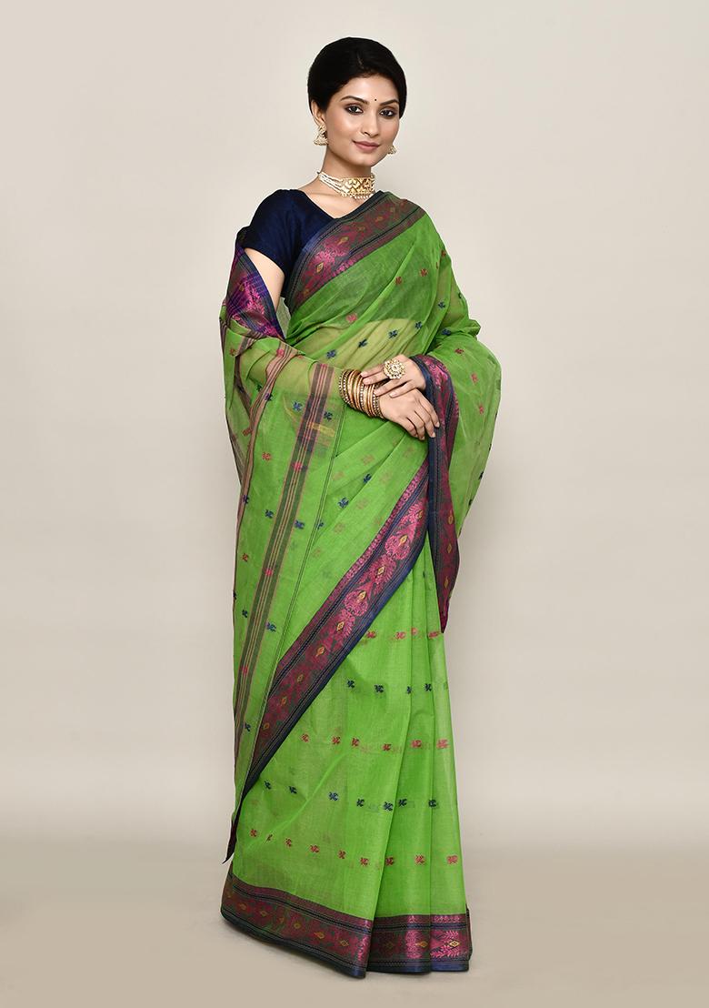 Green Buti Work Cotton Saree (Without Blouse)