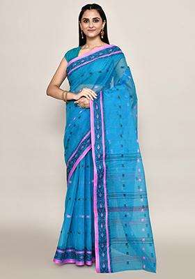 Blue Buti Work Cotton Saree (Without Blouse)