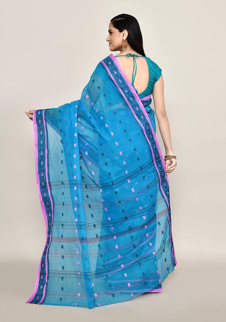 Blue Buti Work Cotton Saree (Without Blouse)