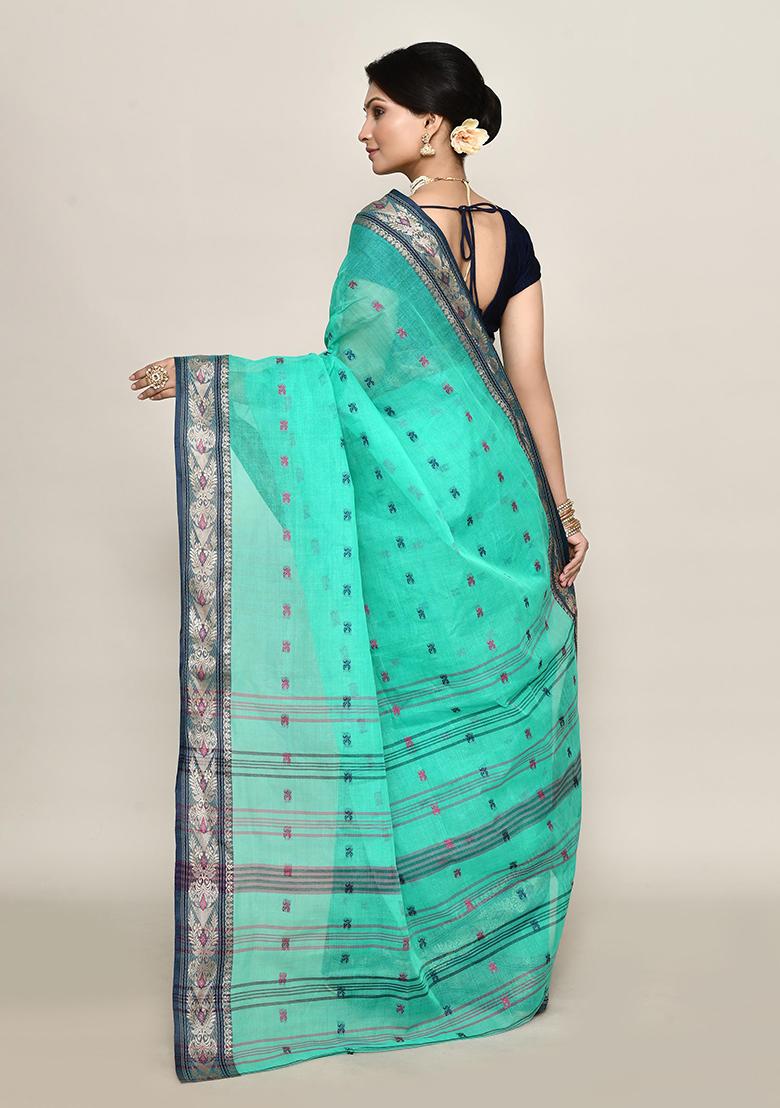 Sea Green Buti Work Cotton Saree (Without Blouse)