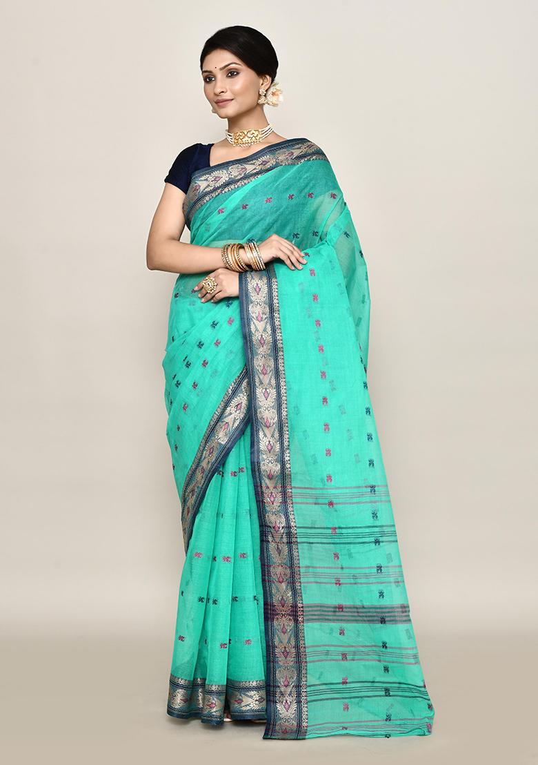 Sea Green Buti Work Cotton Saree (Without Blouse)
