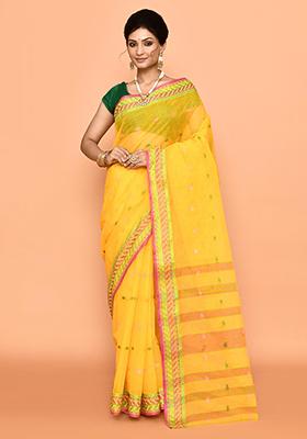 Yellow Buti Work Cotton Saree (Without Blouse)