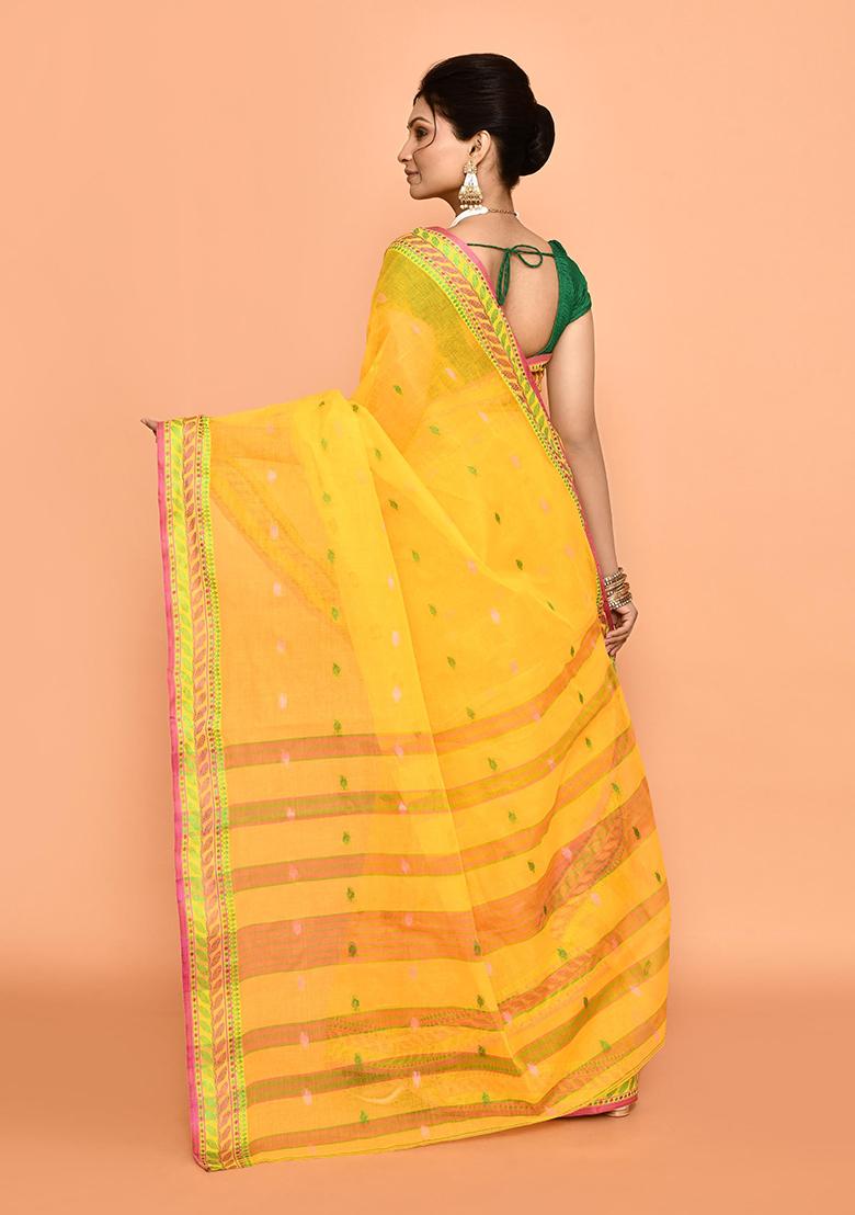Yellow Buti Work Cotton Saree (Without Blouse)