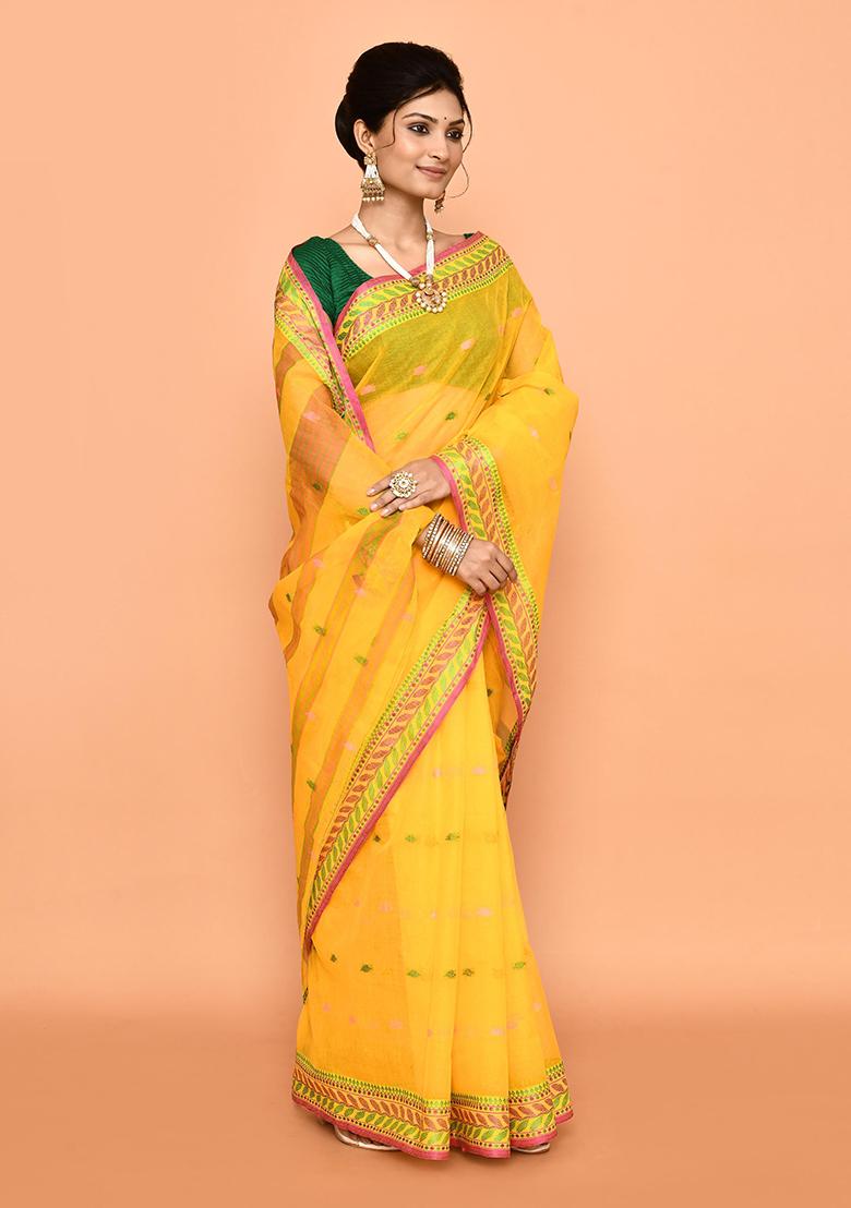 Yellow Buti Work Cotton Saree (Without Blouse)